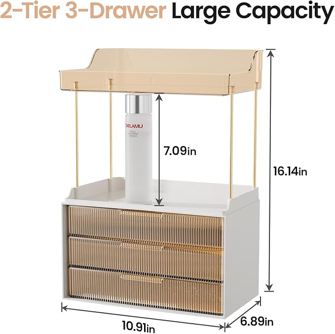 Delamu 5-Tier Makeup Organizer, Bathroom Counter Storage, 2 Drawers, Amber | Elegant Vanity Organizer Gift for Women, Holds Perfume, Skincare, Nail Polish & Hair Accessories for Bathroom Countertop