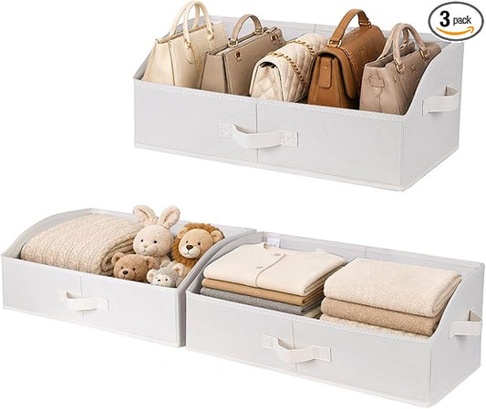 WUIKE Trapezoid Closet Storage Bins with Handles, White & Beige, 3 Pack | 19.5"L x 11"W x 8"H, Sturdy Fabric Construction, Home Storage for Handbags, Clothes, Towels, Wardrobes, and Living Rooms