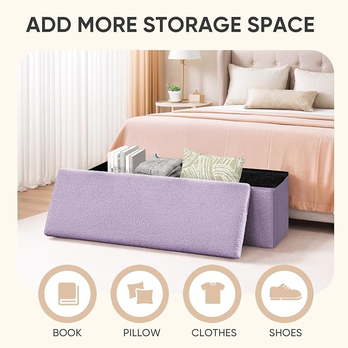 PINPLUS Folding Storage Ottoman Bench, Sherpa Ottoman with Storage, Large Long Shoes Bench Chest with Lid, Footrest for Living Room, Entryway, Purple 43'' x 15'' x 15''
