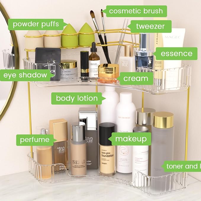 Makeup Organizer 2-Tier Bathroom Counter Organizer with Makeup Brush Holder | Corner Bathroom Organizer Countertop, Acrylic Counter Storage for Bathroom Dresser, Skincare Perfume Organizer-Clear