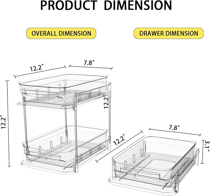 2 Tier Bathroom Storage Organizer, 2 Pack Clear Under Sink Organizers, Cabinet Drawer Bins for Vanity Counter, Kitchen, Pantry
