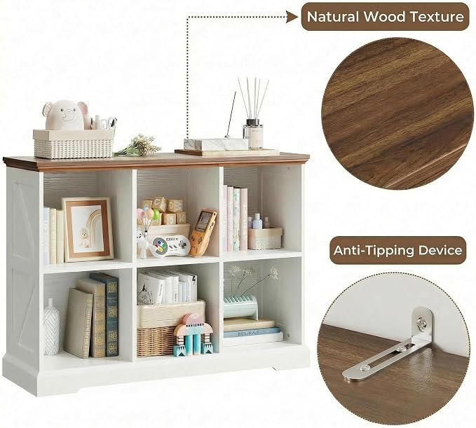 IRONCK 6 Cube Storage Organizer, Farmhouse Wood Bookshelf | White finish, cube organizer for bedroom, living room, home office, books or decor display, anti-tipping device