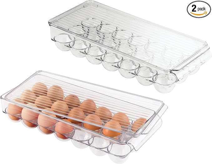 iDesign Clear Plastic Egg Holder for Fridge with Lid, 2-Pack | 21 Egg Storage Capacity, Container Organizer Bin