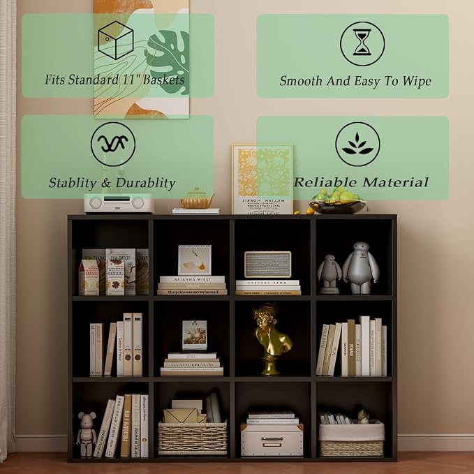 OSCHF 12-Cube Storage Shelf Bookcase, Black | Wooden 3-Tier Open Bookshelf, Fits 11×11" Bins, Vertical or Horizontal Use, Full Back Panels, For Home Office
