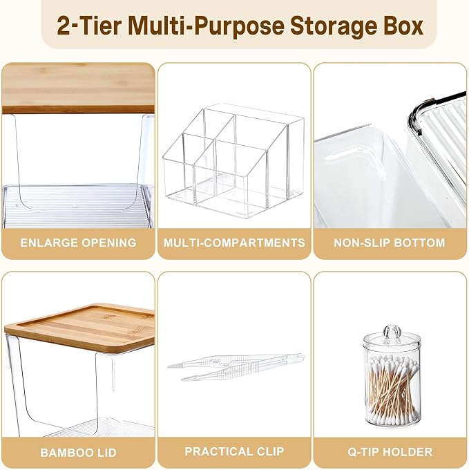 2 Tier Disposable Facial Towel Holder with 2 Q-tip Holders & Clip | 2-in-1 Facial Towels Storage and Cosmetic Organizer with Banboo Lid,Skincare Organizer for Vanity, Bathroom Countertop,Dorm