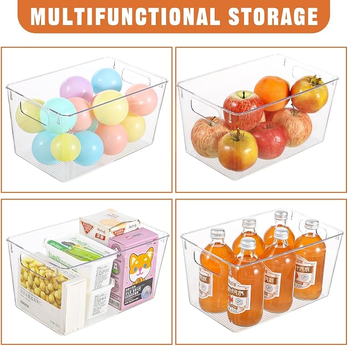 Freebat 6 Pack Pantry Organization and Storage,Clear Plastic Storage Bins | Large, Cabinet Organizer, Clear Plastic Storage Containers with Handle,Acrylic Storage Bins for Cabinet, Fridge