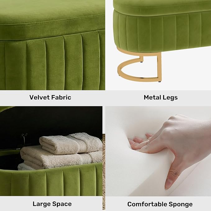 51 Inch Storage Ottoman Bench Velvet End of Bed Storage Bench King Size Upholstered Tufted Bench Large Space for Bedroom Living Room Entryway Light Green