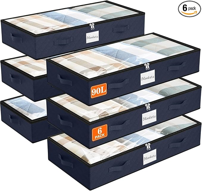 90L Under Bed Storage Containers, Storage Bags, Organizers, 6-Pack, Blue | Foldable, Soft Fabric, Closet Organizers, Reinforced Handle, Label Holder, Clear Window, for Comforters, Clothing, Blankets