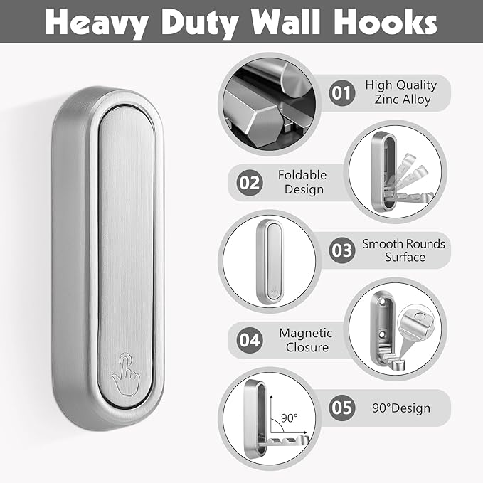 Folding Wall Hooks, 2 Pack, Silver, Zinc Alloy, Heavy Duty Coat Hooks | 90° Foldable Design, Wall Mounted, Zinc Alloy, Flip-Down Design, Includes Screws And Anchors, For Bedroom, Entryway, Closet
