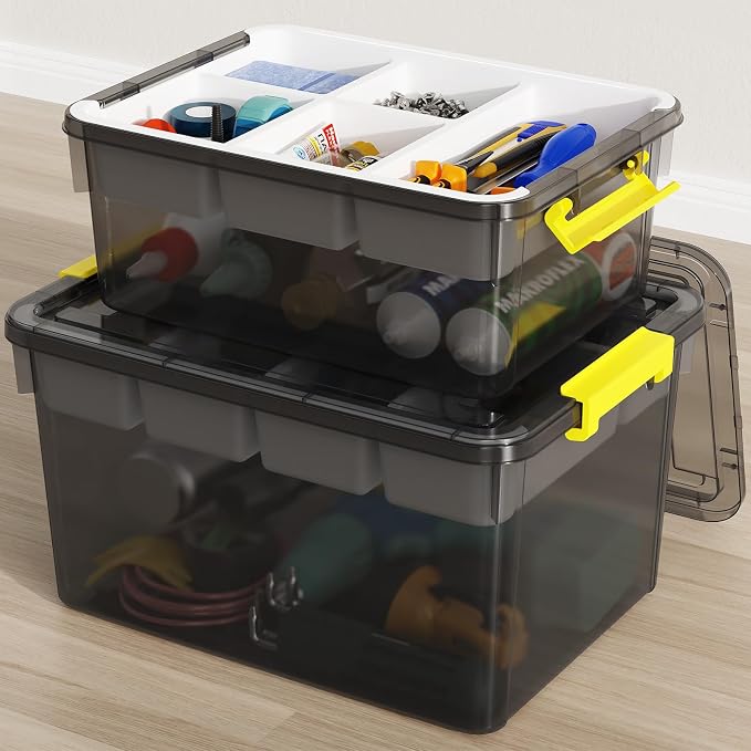20&40Qt Stackable Storage Bins with Lids Trays Craft Box Organizers,2Pack | Clear Plastic Latching Boxes Organizers with Dividers Portable Containers for Arts & Crafts, Home Office Classroom Car Trunk
