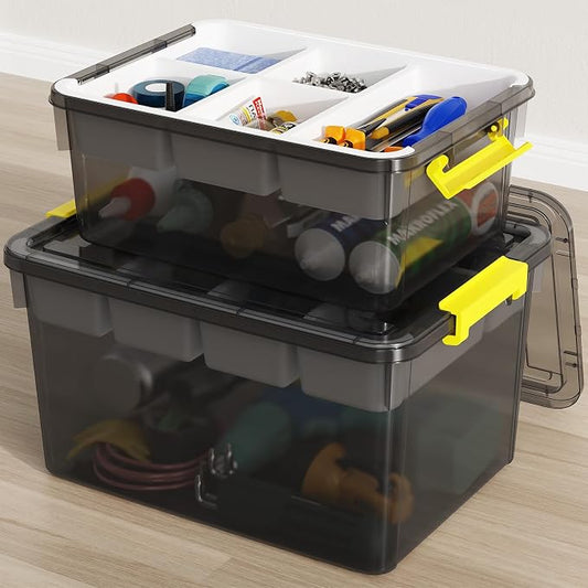20&40Qt Stackable Storage Bins with Lids Trays Craft Box Organizers,2Pack | Clear Plastic Latching Boxes Organizers with Dividers Portable Containers for Arts & Crafts, Home Office Classroom Car Trunk