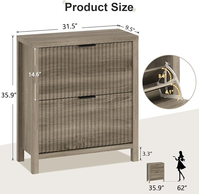 Fluted Shoe Cabinet Storage with 2 Flip Drawers for Entryway, Hallway | Narrow Shoe Rack Freestanding Shoe Organizer with Legs for Entryway，Hallway, Grey