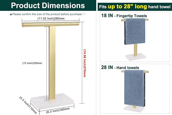 Hand Towel Holder, T-Shape Hand Towel Stand for Bathroom, Hand Towel Rack Bar Standing for Vanity Kitchen Countertop, 304 Stainless Steel, Marble Base (Gold)