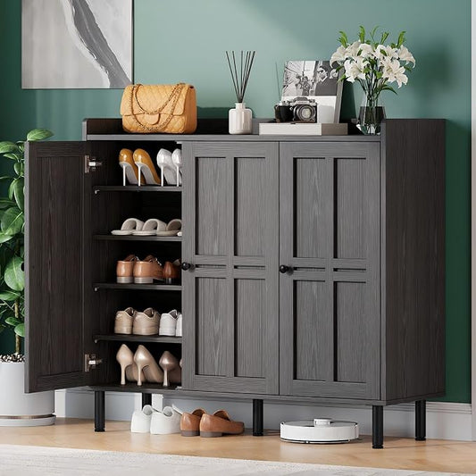 Shoe Storage Cabinet with 3 Doors, 8-Tier Shoe Cabinet with 5 Adjustable Shelves and Metal Legs, 40'' Tall Shoe Rack Organizer Cabinet for Entryway, Front Door, Black