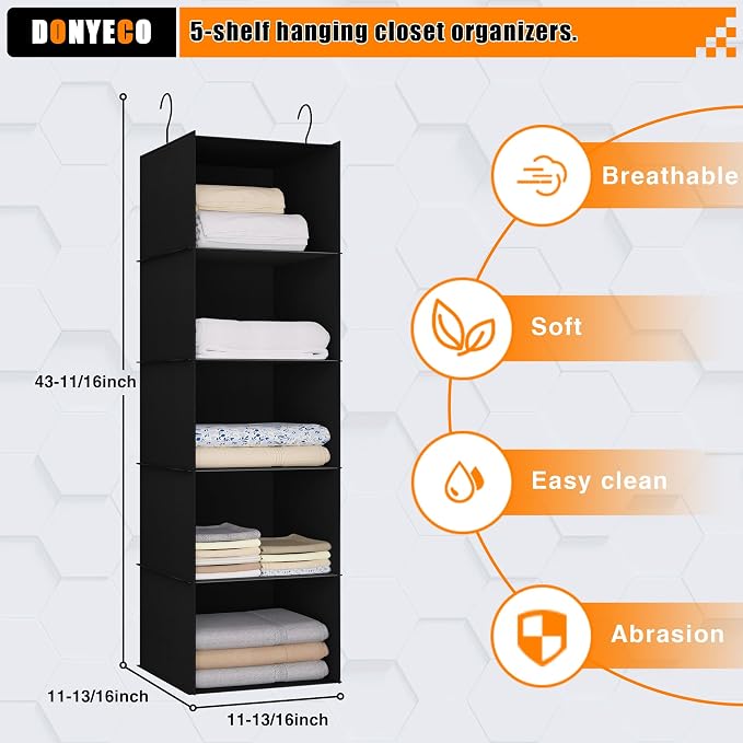 Hanging Closet Organizer 5-Shelf, Oxford Fabric Wardrobe Storage, Black | Easy-mount foldable design holds clothes, handbags, shoes & accessories; washable Oxford fabric, sturdy and space-saving.