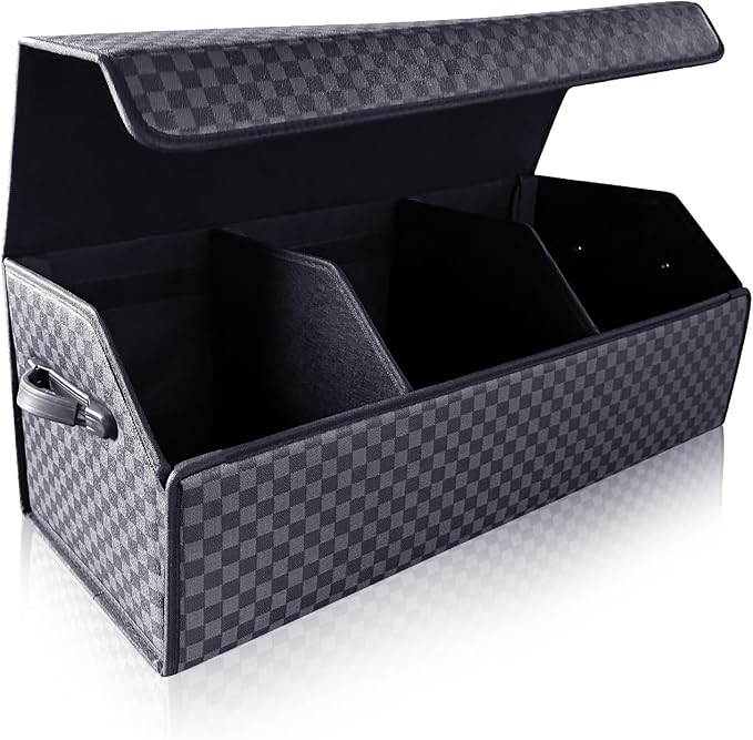 Fyzeoty Car Trunk Organizer for SUV and Sedan, Blue-Gray, 29.5 inches | Unique Blue‑Gray Plaid, Extra Large, Leather Storage Box, Magnetic Lid, Collapsible & Adjustable, Water‑Resist & Dust‑Proof