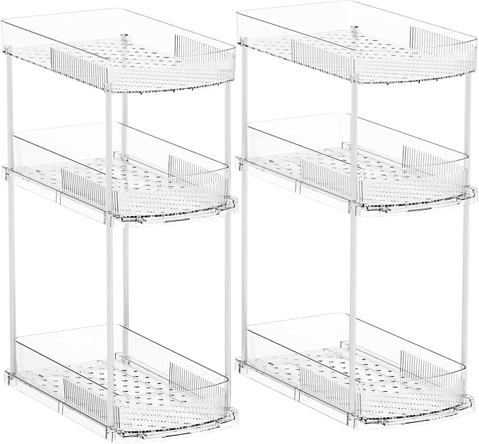 2 Pack 13.8″ Deep 3 Tier Under Sink Storage Organizer,Large Pull Out Bathroom Organizers and Storage,Slide Out Acrylic Undersink Storage Shelf,Kitchen Under Sink Organizer for Cleaning Products