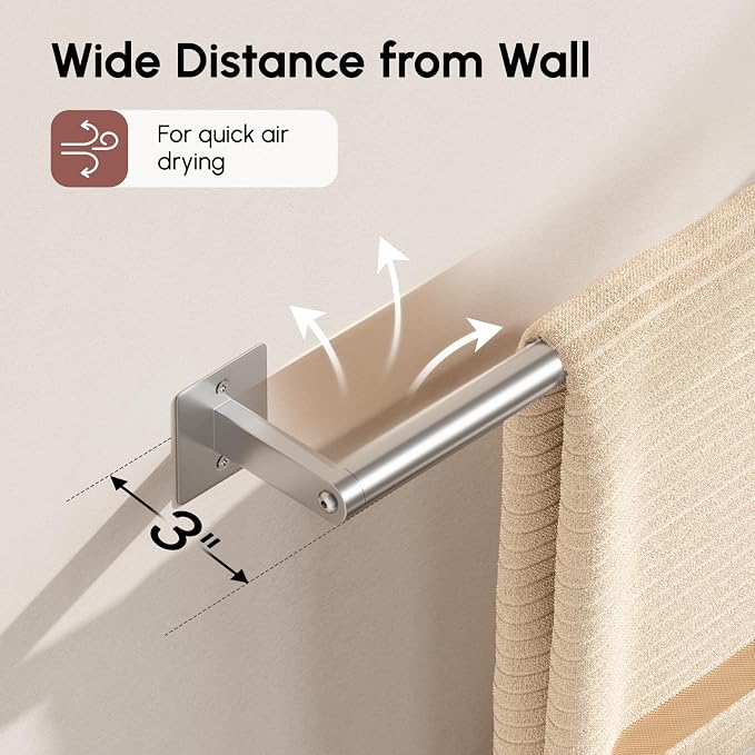 USHOWER Brushed Nickel Towel Bar, 24 Inch Towel Racks for Bathroom | Heavy Duty Stainless Steel Towel Holder Wall Mounted, Easy Installation (Total Length 26 Inch)