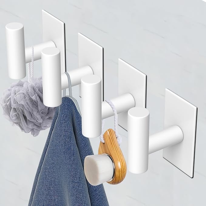 VAEHOLD Wall Towel Hooks, Heavy Duty Sticky Holder Waterproof Towel Hooks for Hanging Coat, Clothes, Closet Hook Wall Mount for Kitchen (White, 2 Pack)