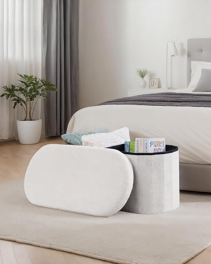 30 Inches Oval Storage Ottoman Bench, Foldable Footrest | Teddy Boucle Fabric, Hidden Storage, Soft Padded Seat, Compact Ottoman for Living Room, Bedroom, Dorm, White