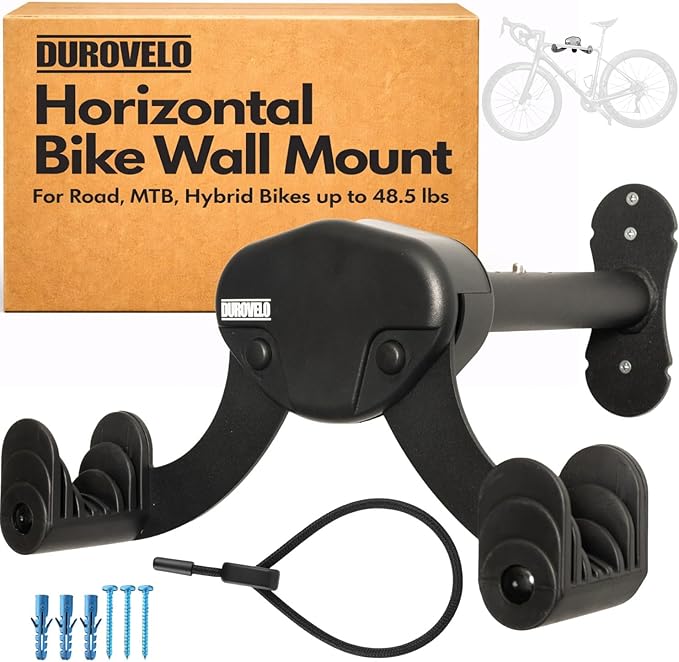 Bike Wall Mount - Horizontal Wall Hanger, Adjustable Design for Road, Mountain and Hybrid Bikes up to 48.5 lbs - Space-Saving Bike Rack for Garage or Apartment - Sturdy Indoor Bicycle Storage
