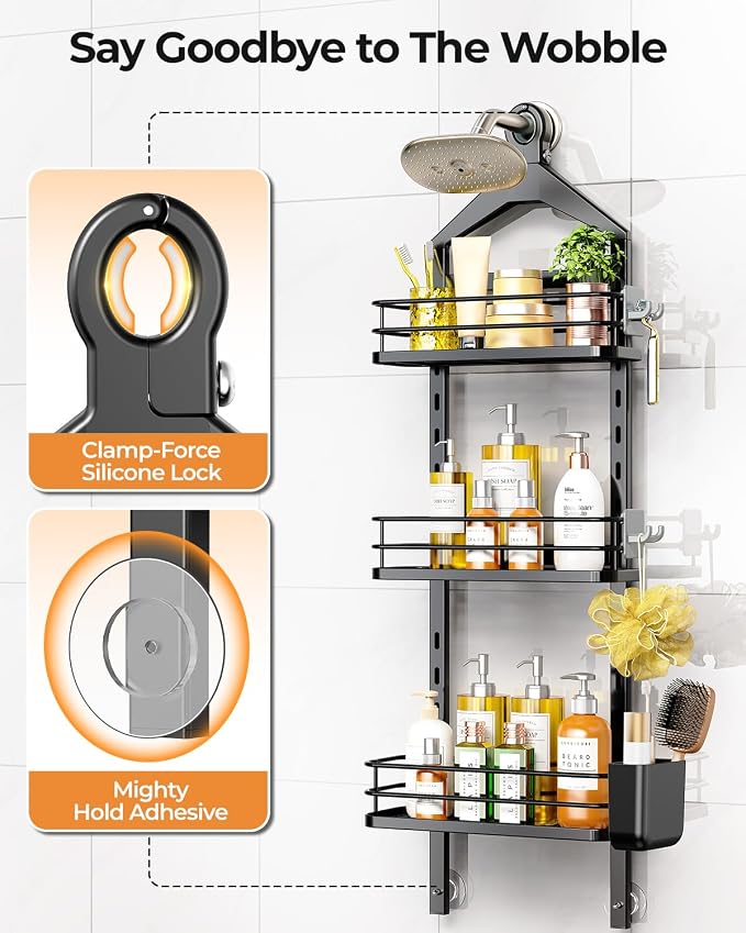 ODesign 3 Tier Adjustable Shower Caddy Hanging Over Head Anti-Swing Black | Shower organizer hanging,no drilling required,comes with removable hook and storage box, suitable for indoor showers