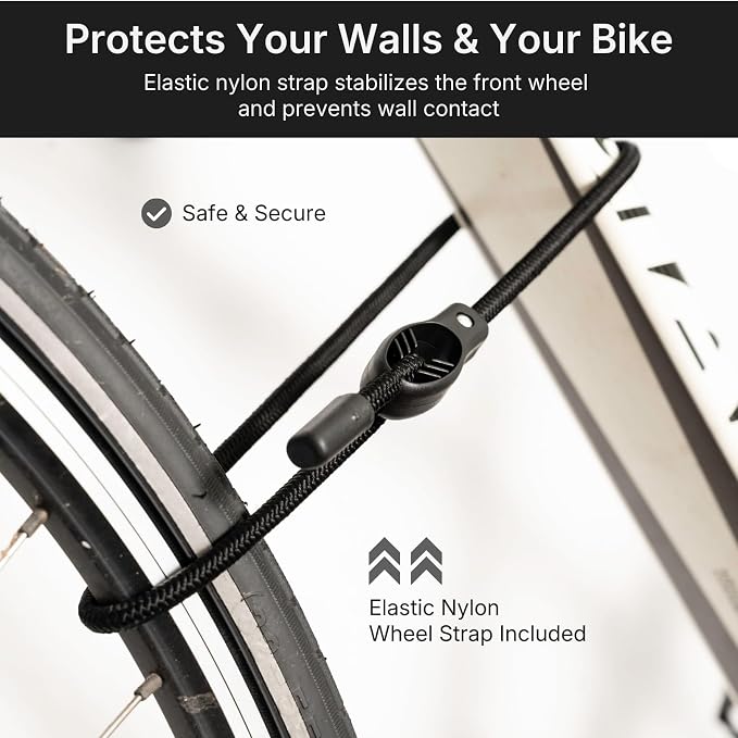 Bike Wall Mount - Horizontal Wall Hanger, Adjustable Design for Road, Mountain and Hybrid Bikes up to 48.5 lbs - Space-Saving Bike Rack for Garage or Apartment - Sturdy Indoor Bicycle Storage