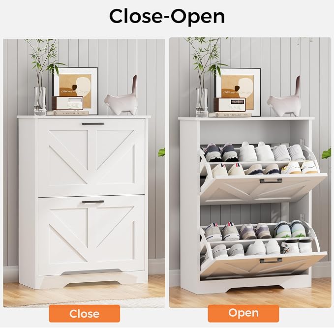 Homleke Farmhouse Shoe Cabinet for Entryway, 2 Barn-Style Flip Drawers | Narrow Shoe Storage Organizer, Top Display Shelf, Adjustable Shelves, Shoe Rack, for Hallway Closet, 24" Wide, White
