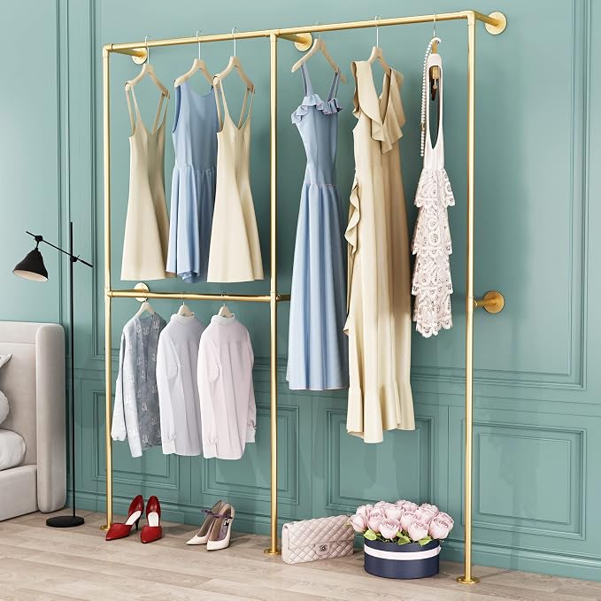 DR.IRON Industrial Pipe Gold Clothing Racks with Double Bar, Industrial Pipe Clothes Racks Wall Mounted, Heavy Duty Gold Closet Rods for Hanging Clothes Organizer Storage