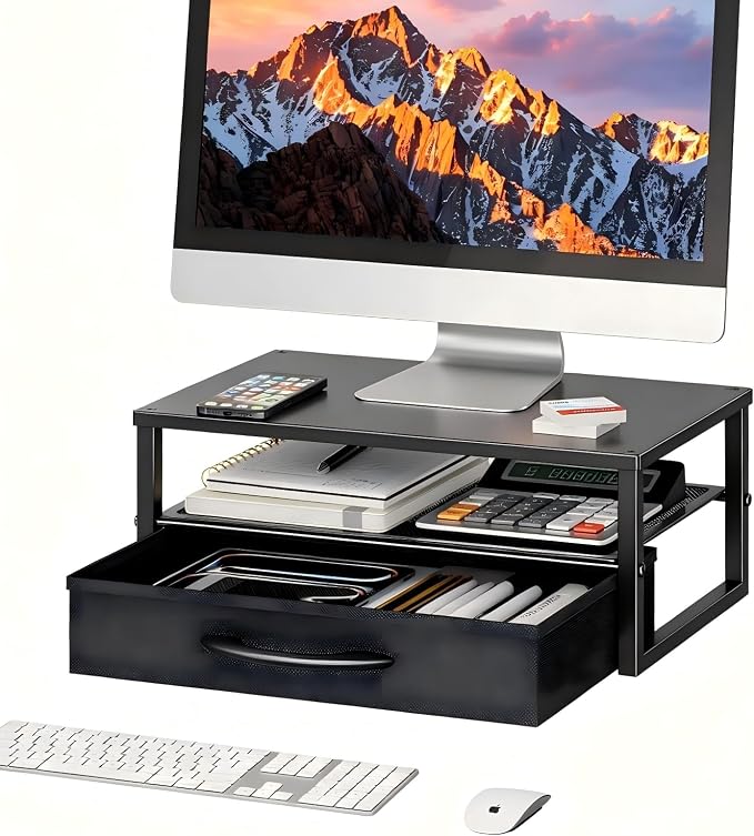 Ekisemio Metal Monitor Stand Riser with Fabric Drawer, 2-Tier Computer Desk Organizer for Laptop, Computer, iMac, Black | Fabric Drawer, 2-Tier Design, Desk Organizer, Metal Construction