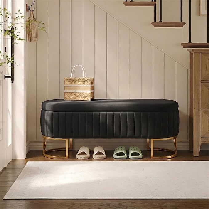 46" Storage Ottoman Bench, Velvet Oval End of Bed Bench Black | Easy 1-Min Assembly, High-Resilience Foam, Large Hidden Storage, Sturdy Gold Metal Legs