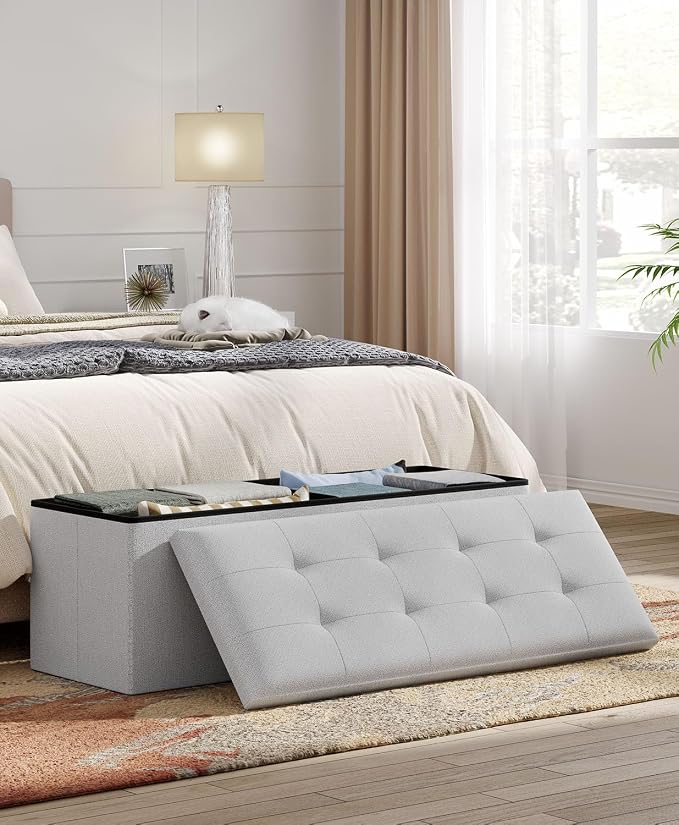 Folding Storage Ottoman Bench, Light Gray, 43 Inches | Multi-Functional Ottoman Foot Rest, End of Bed Bench, Storage Chest, Living Room, Bedroom, Hallway, Entryway, 600 lb Capacity