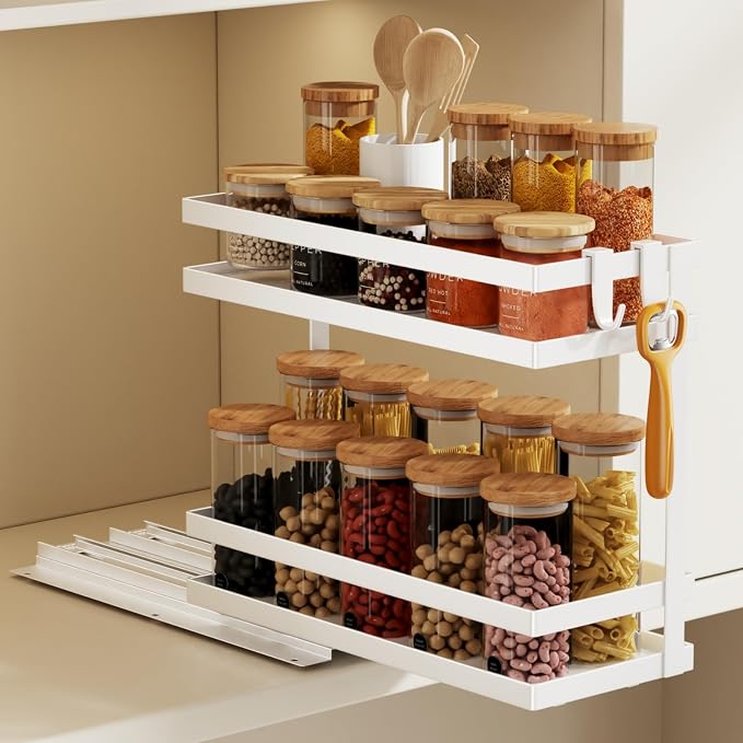 Magheo Pull Out Spice Rack Organizer for Cabinet, 1 Pack Metal Seasoning Organizer Slide Out Spice Storage Shelf No Assembly Vertical Spice Rack Pullout for Kitchen & Bahthroom No Drill(2 Tier,White)
