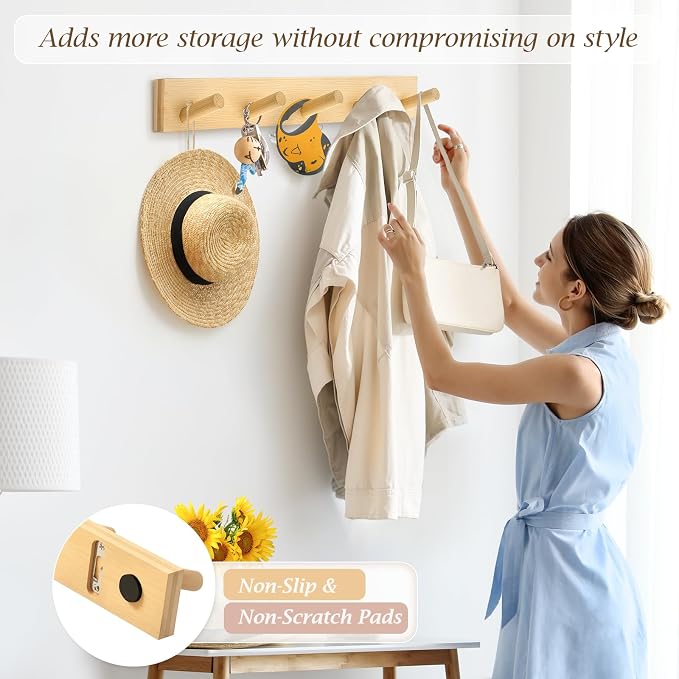 Coat Rack Wall Mount, Wooden Coat Hanger, Natural, 1 Pcs | Heavy Duty, 5 Sturdy Rounded Hooks, Bamboo Wood Material, for Entryway, Doorway, Living Room, Kid's room, Living Room, Closet