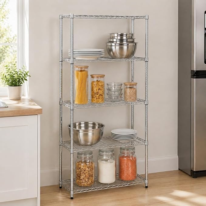 Honey-Can-Do 5-Tier Rolling Chrome Wire Shelf, NSF, 350 lb/Shelf, 36x18x72 | 1,750 lb total on locking casters; NSF-certified for commercial kitchens; add liners to keep small items from tipping