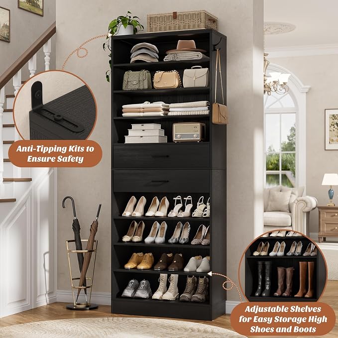 Aheaplus Tall Shoe Cabinet, 10 Tiers Wood Shoe Rack, Vertical Shoe Storage Organizer with 2 Drawers, Narrow Shoe Shelf Tower for 24-28 Pairs, Space Saving, for Closet, Entryway, Bedroom, Black