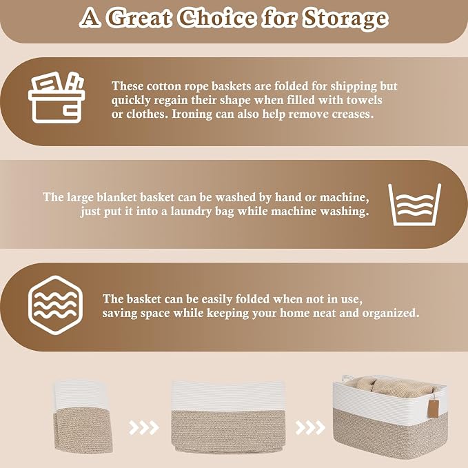 Goodpick Extra Large Rectangle Cotton Rope Storage Basket, Brown | 75L, 22 × 17 × 12 in, Reinforced Handles, Blankets, Pillows & Clothes Storage, Living Room, Bedroom & Nursery Organization