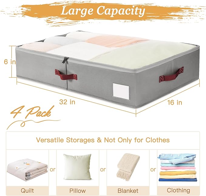 Under Bed Storage Bins with Clear PVC Lids – 4 Pack Large Underbed Organizers with Heavy-Duty Handles, Reinforced with 800G PP Panels & 80G Non-Woven Fabric – Waterproof & Foldable, Gery
