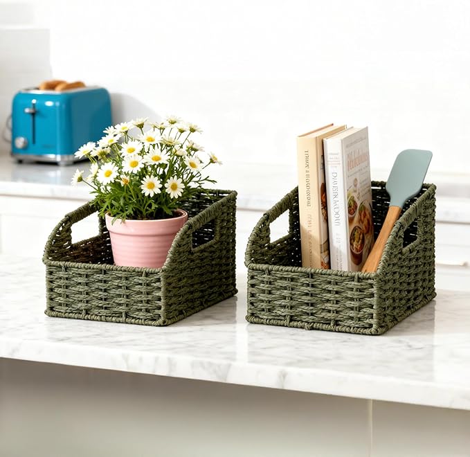 Pantry Organizers, Handwoven Large Wicker Baskets for Shelves, Labeled Storage Baskets for Organizing with Handles - Paper Storage Bins for Shelves, 3 Pack, Green