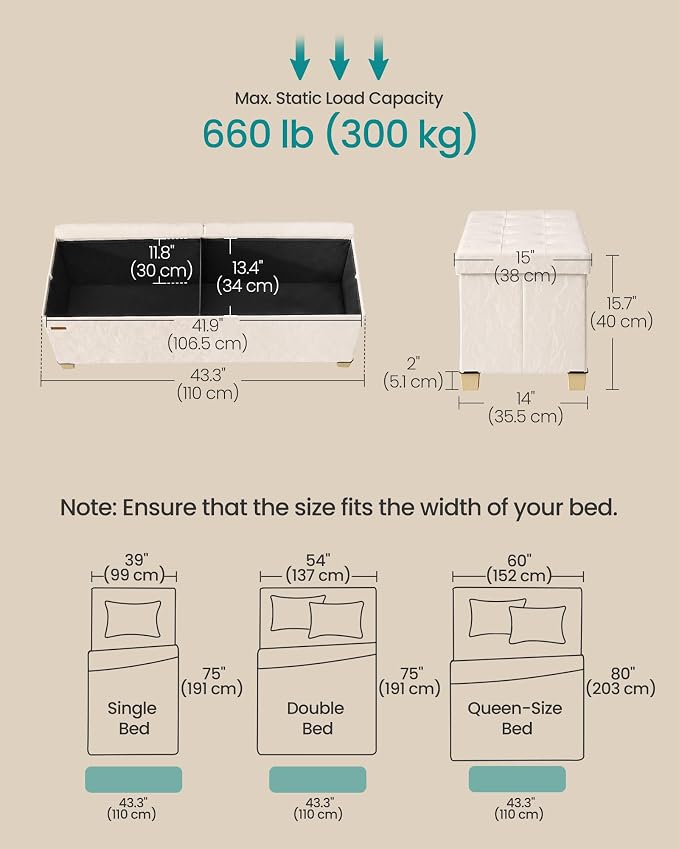 SONGMICS Storage Ottoman Bench, PU Leather Foldable Footrest with Padded Seat, 43.3 x 15 x 15.7 inches, Light Warm White, Sturdy Space Saving Chest for Bedroom, Minota Collection ULSF524WD01