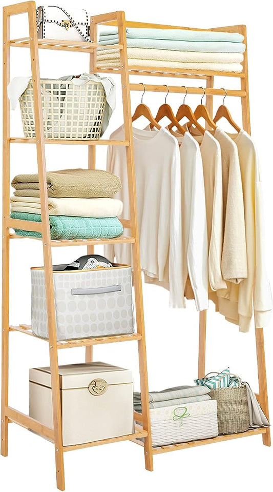 Jotsport Bamboo Clothes Rack with 7 Tier Storage Shelves Child Garment Rack | Clothing Hanging Stand for Small Spaces Freestanding Wardrobe Closet for Kids Bedroom Living Room