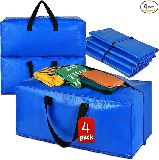 Heavy Duty Extra Large Blue Moving Bags with Strong Zipper Backpack Handles | 4 Pack Clothes Storage Bags Totes Space Saving Moving Boxes Bins Packing Bags for College Dorm Compatible with Ikea Frakta