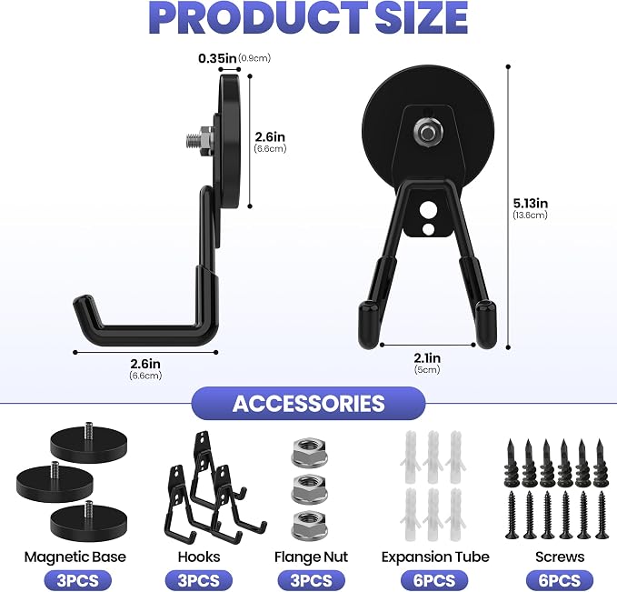 Heavy Duty Magnetic Garage Hook, 3 Pack Extra Large Magnet Hooks, Heavy Duty Storage Magnetic Utility Hooks Large Garage Magnet Hooks for Power Drill, Garden Tools, Hose, Pegboard(Black)