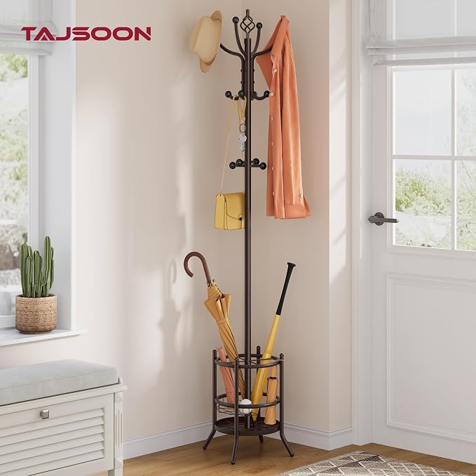 Tajsoon Coat Rack with Umbrella Stand, Coat Tree With 16 Hooks, Brown | 2-In-1 Design, Coat Rack Freestanding, Durable & Stable, Space-Saving, For Living Room, Bedroom, Office