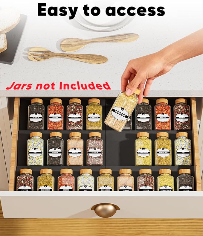 Spice Drawer Organizer, Spice Rack Tray for Kitchen Cabinet, Expandable Seasoning Storage Rack Insert for Drawer/Countertop,6 Pieces Set, Aluminum (Jars Not Included)