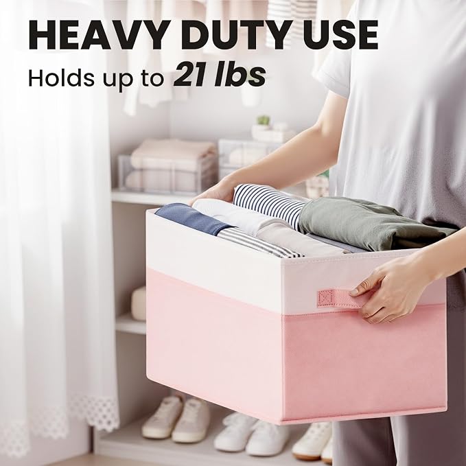 Large Closet Organizer Bins with Lids 4 Pack - 23 QT Collapsible Decorative Storage Boxes with Lids - Clothes Storage Bins with Handles - Fabric Containers for Living Room, Dorm, Nursery - Pink