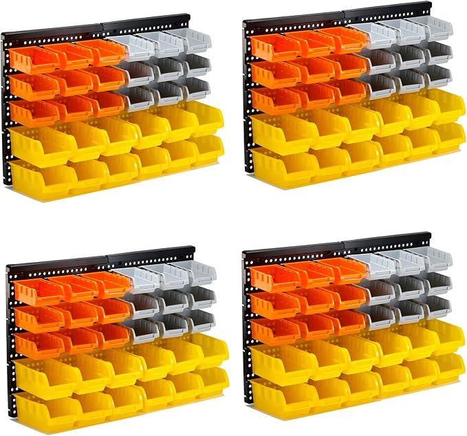 30-Bin Wall Mounted Storage Bins Kit, Tool Organizer Rack, Garage Hardware Organizer, Parts Storage Bins, DIY Combination 4 Set (Grey & Orange & Yellow Type)