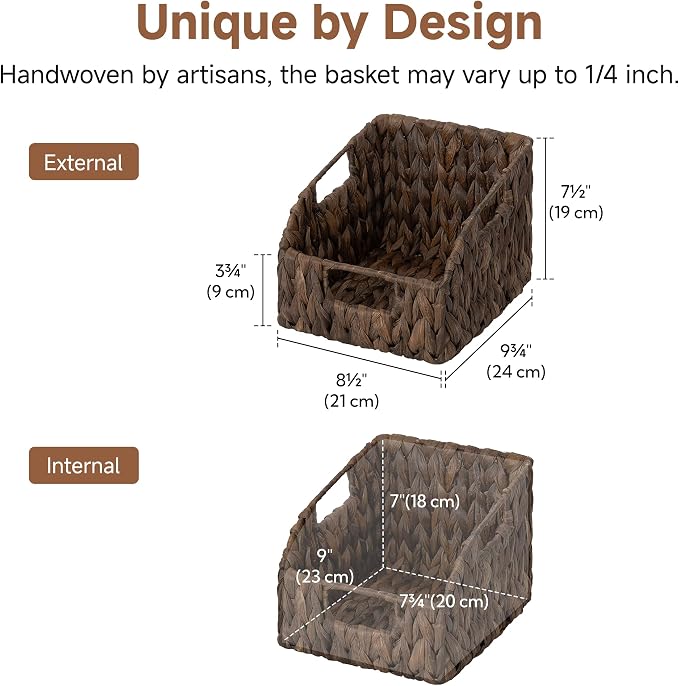 StorageWorks Pantry Baskets for Organizing, Water Hyacinth Storage Baskets for Shelves, Small basket with Built-in Handles, Pantry Organizers and Storage, Brown, Set of 2