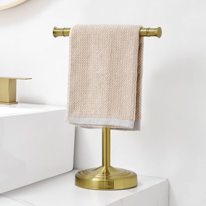 RUMOSE Brushed Gold Hand Towel Holder Stand Countertop Towel Rack | 13 Inch Bathroom Kitchen Vanity T-Shape Towel Stand Free Standing Stainless Steel Towel Bar Towel Ring