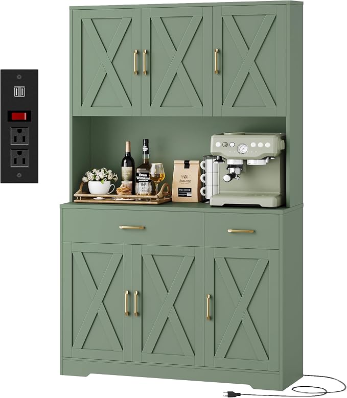 HOSTACK 71"H Kitchen Pantry Storage Cabinet, Farmhouse Hutch Cabinet, Green | Space-Saving Pantry Cabinet with Charging Station & 2 Large Drawers & Adjustable Shelves, Tall Kitchen Hutch for Dining Room